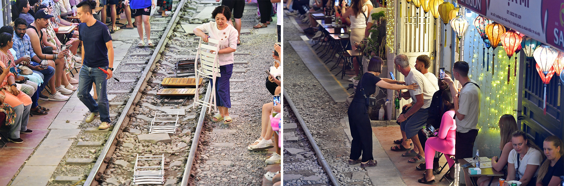 Quả thật, tại khu tổ hợp "cà phê đường tàu", mỗi hộ kinh doanh phải tự quản lý, bảo đảm an toàn cho khách sử dụng dịch vụ tại quán của mình. Trong đó, để tiết kiệm chi phí thuê nhân công cũng như thời gian thu dọn đồ đạc của quán khi có tàu hỏa chuẩn bị đi qua, nhiều tiểu thương đã "sáng tạo" ra cách xếp gọn bàn, ghế mà khách đang sử dụng vào... giữa 2 ray tàu.