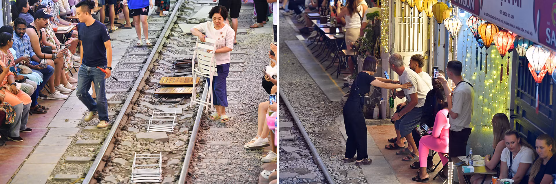 Quả thật, tại khu tổ hợp "cà phê đường tàu", mỗi hộ kinh doanh phải tự quản lý, bảo đảm an toàn cho khách sử dụng dịch vụ tại quán của mình. Trong đó, để tiết kiệm chi phí thuê nhân công cũng như thời gian thu dọn đồ đạc của quán khi có tàu hỏa chuẩn bị đi qua, nhiều tiểu thương đã "sáng tạo" ra cách xếp gọn bàn, ghế mà khách đang sử dụng vào... giữa 2 ray tàu. Quả thật, tại khu tổ hợp "cà phê đường tàu", mỗi hộ kinh doanh phải tự quản lý, bảo đảm an toàn cho khách sử dụng dịch vụ tại quán của mình. Trong đó, để tiết kiệm chi phí thuê nhân công cũng như thời gian thu dọn đồ đạc của quán khi có tàu hỏa chuẩn bị đi qua, nhiều tiểu thương đã "sáng tạo" ra cách xếp gọn bàn, ghế mà khách đang sử dụng vào... giữa 2 ray tàu.