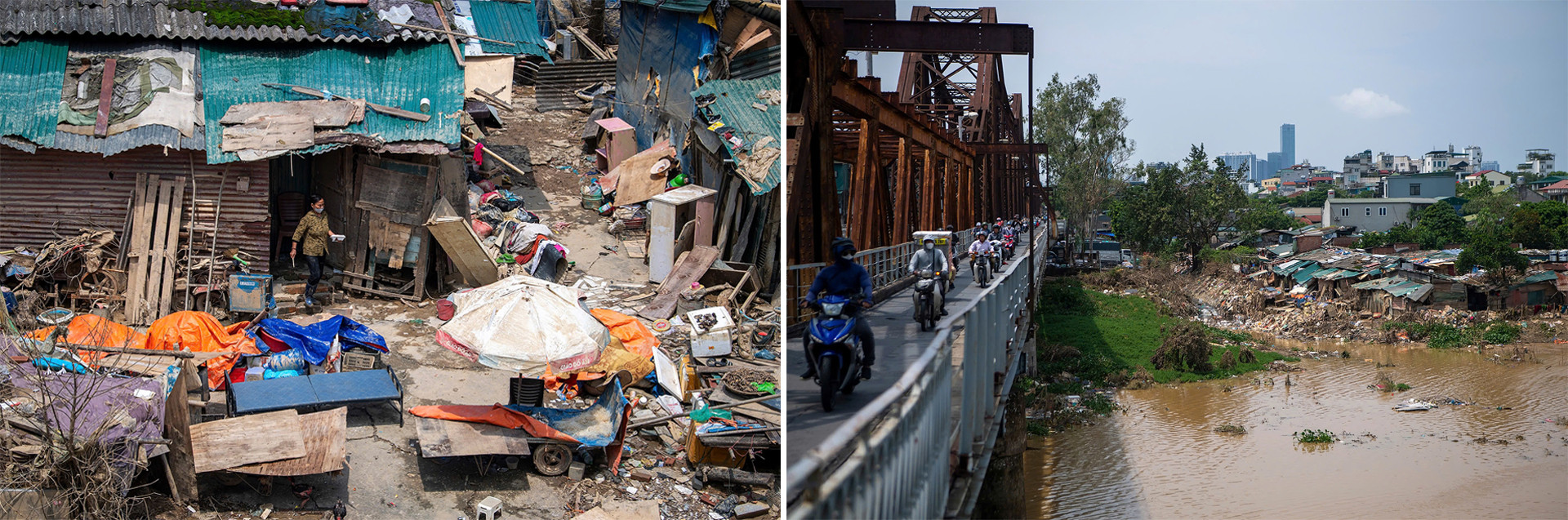 Từ trên cầu Long Biên, có thể thấy khá rõ đời sống sinh hoạt trong xóm trọ. Cuộc sống mưu sinh của bà con tại đây chủ yếu dựa vào những công việc liên quan đến khu chợ đầu mối Long Biên. Từ trên cầu Long Biên, có thể thấy khá rõ đời sống sinh hoạt trong xóm trọ. Cuộc sống mưu sinh của bà con tại đây chủ yếu dựa vào những công việc liên quan đến khu chợ đầu mối Long Biên.