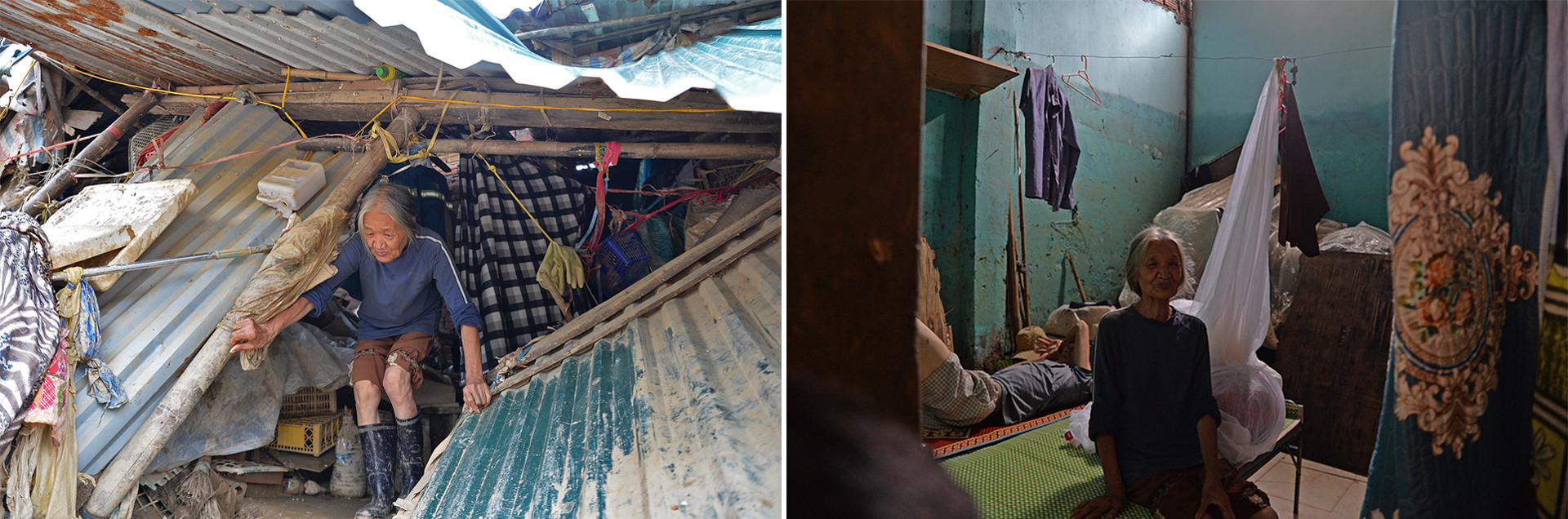 Bà Trần Thị Ba (77 tuổi), len lỏi qua những gì còn lại của phòng trọ sau đợt lũ để ra "bãi tập kết" nhận cơm. Đường điện của cả xóm trọ đã hư hỏng hoàn toàn. Nguồn ánh sáng duy nhất trong nhà bà Ba là những tia nắng lọt qua góc mái đã bị bão cuốn mất một phần. Bà Trần Thị Ba (77 tuổi), len lỏi qua những gì còn lại của phòng trọ sau đợt lũ để ra "bãi tập kết" nhận cơm. Đường điện của cả xóm trọ đã hư hỏng hoàn toàn. Nguồn ánh sáng duy nhất trong nhà bà Ba là những tia nắng lọt qua góc mái đã bị bão cuốn mất một phần.