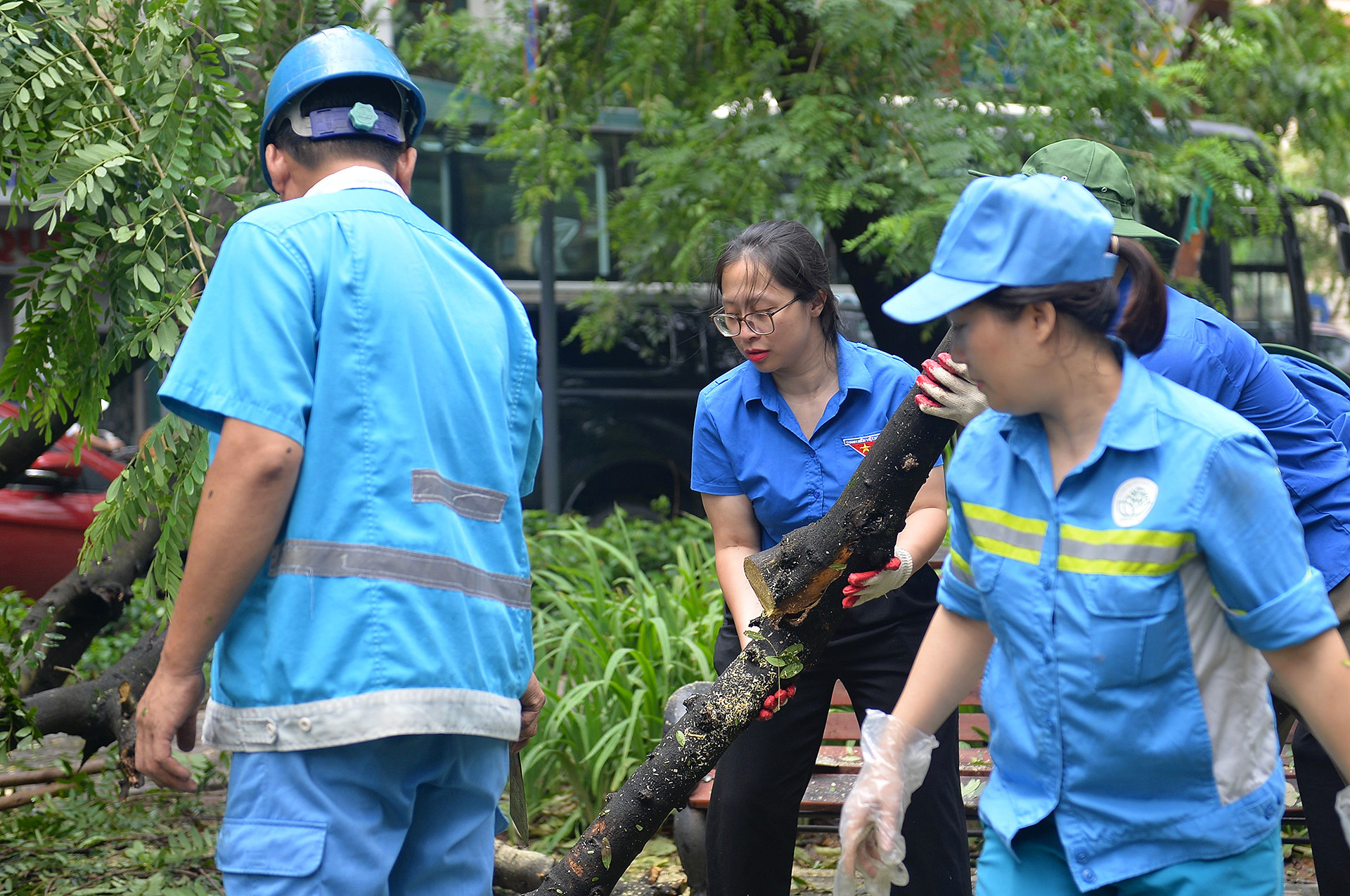 Tiếp theo đó, lực lượng tình nguyện viên sẽ tiếp tục cưa, cắt cành cây nhỏ hơn.