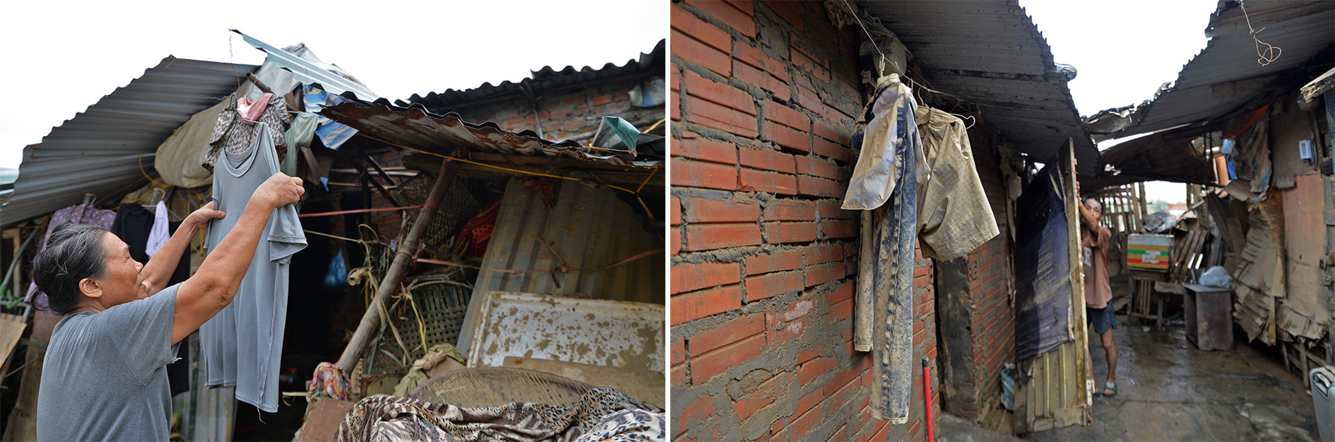 Đến xóm trọ, có thể thấy rõ ngấn nước ngập vẫn còn chưa khô ở phần mái các "căn nhà". Một số hộ dân do sơ tán khẩn cấp còn chưa kịp thu gọn đồ đạc đang phơi. Đến xóm trọ, có thể thấy rõ ngấn nước ngập vẫn còn chưa khô ở phần mái các "căn nhà". Một số hộ dân do sơ tán khẩn cấp còn chưa kịp thu gọn đồ đạc đang phơi.