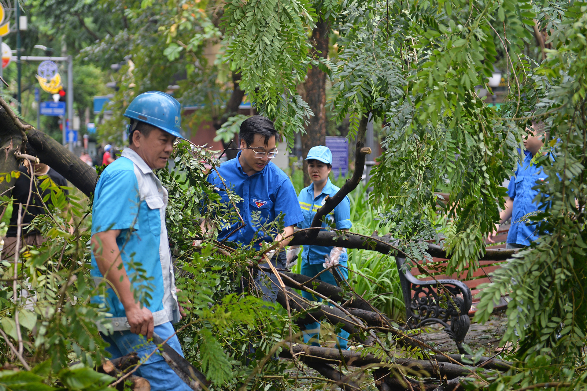 Phó Bí thư Thành đoàn Hà Nội Trần Quang Hưng tham gia dọn dẹp, khắp phục hậu quả của cơn bão số 3 cùng đoàn viên, thanh niên tình nguyện và các lực lượng chức năng Thủ đô.