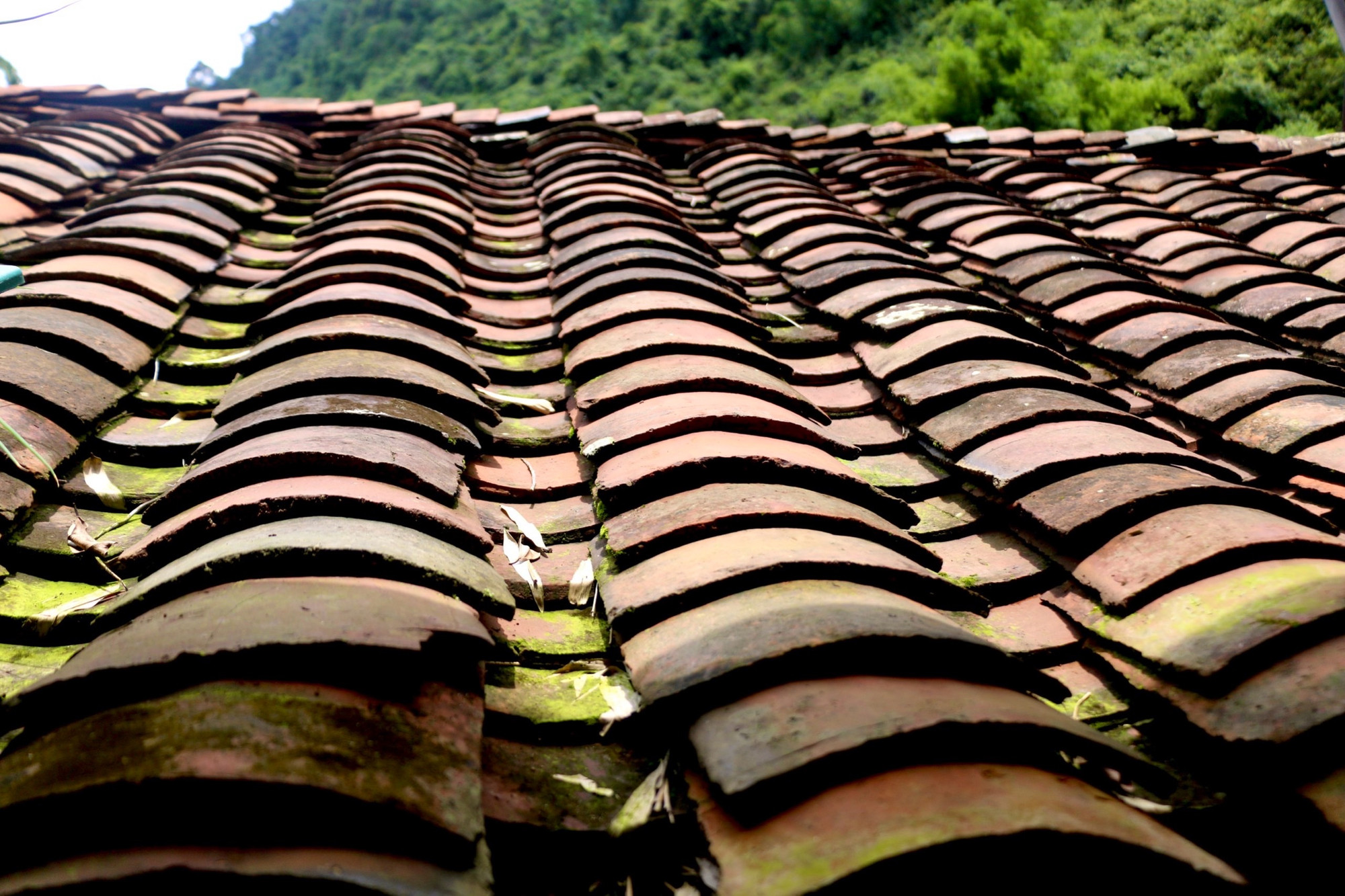 Mái nhà sàn lợp ngói âm dương ở Khuổi Ky. (Ảnh: THI PHONG)