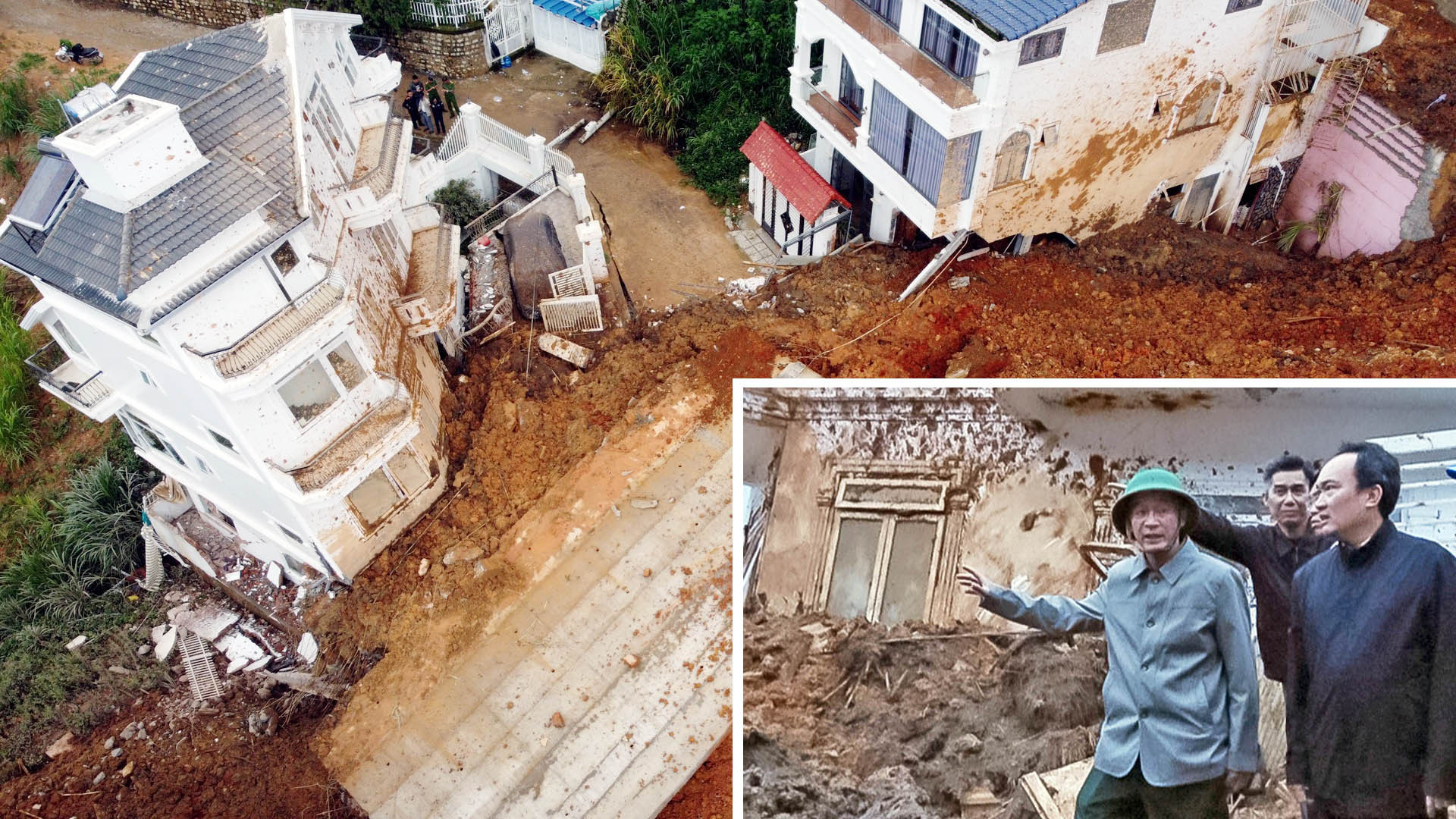 Chủ tịch Ủy ban nhân dân tỉnh Lâm Đồng (bên trái) trao đổi với Giám đốc Công an tỉnh tại hiện trường vụ sạt lở vào sáng sớm 29/6.