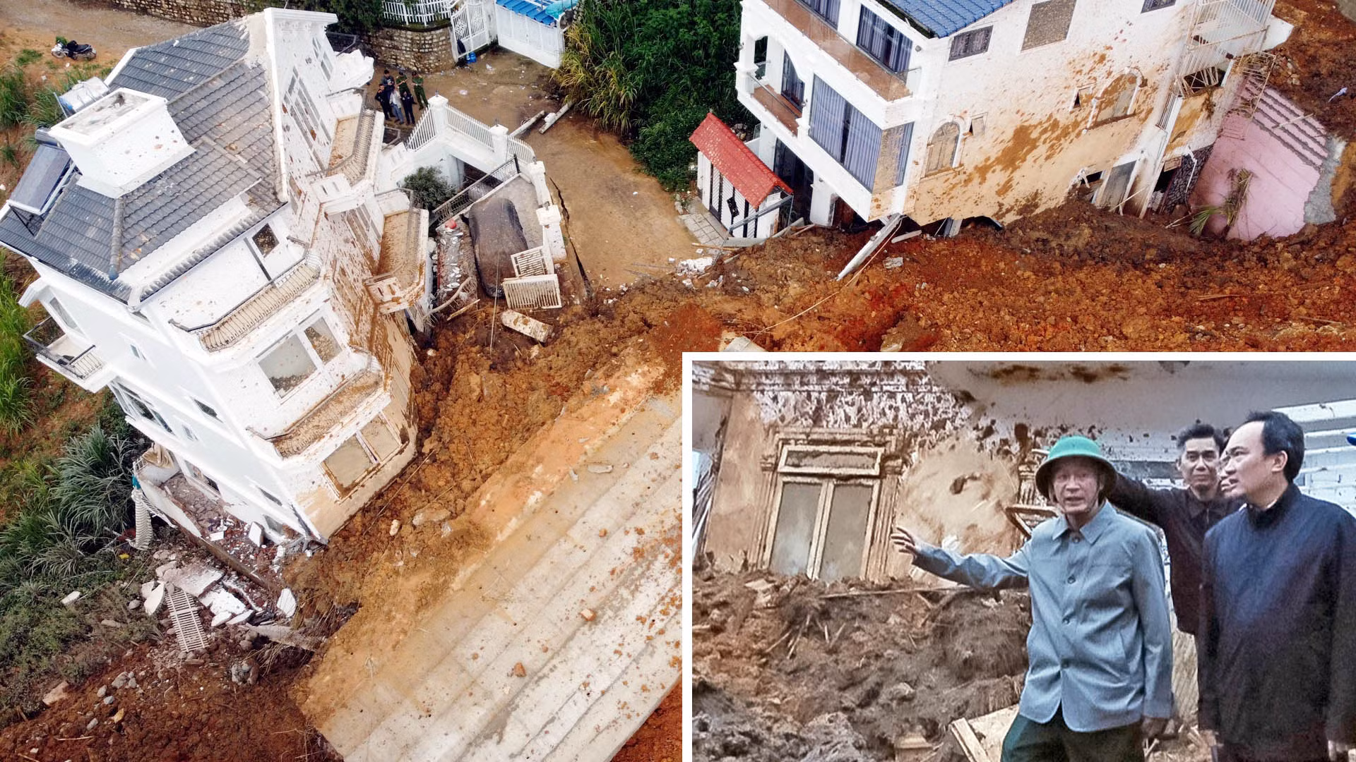 Chủ tịch Ủy ban nhân dân tỉnh Lâm Đồng (bên trái) trao đổi với Giám đốc Công an tỉnh tại hiện trường vụ sạt lở vào sáng sớm 29/6.