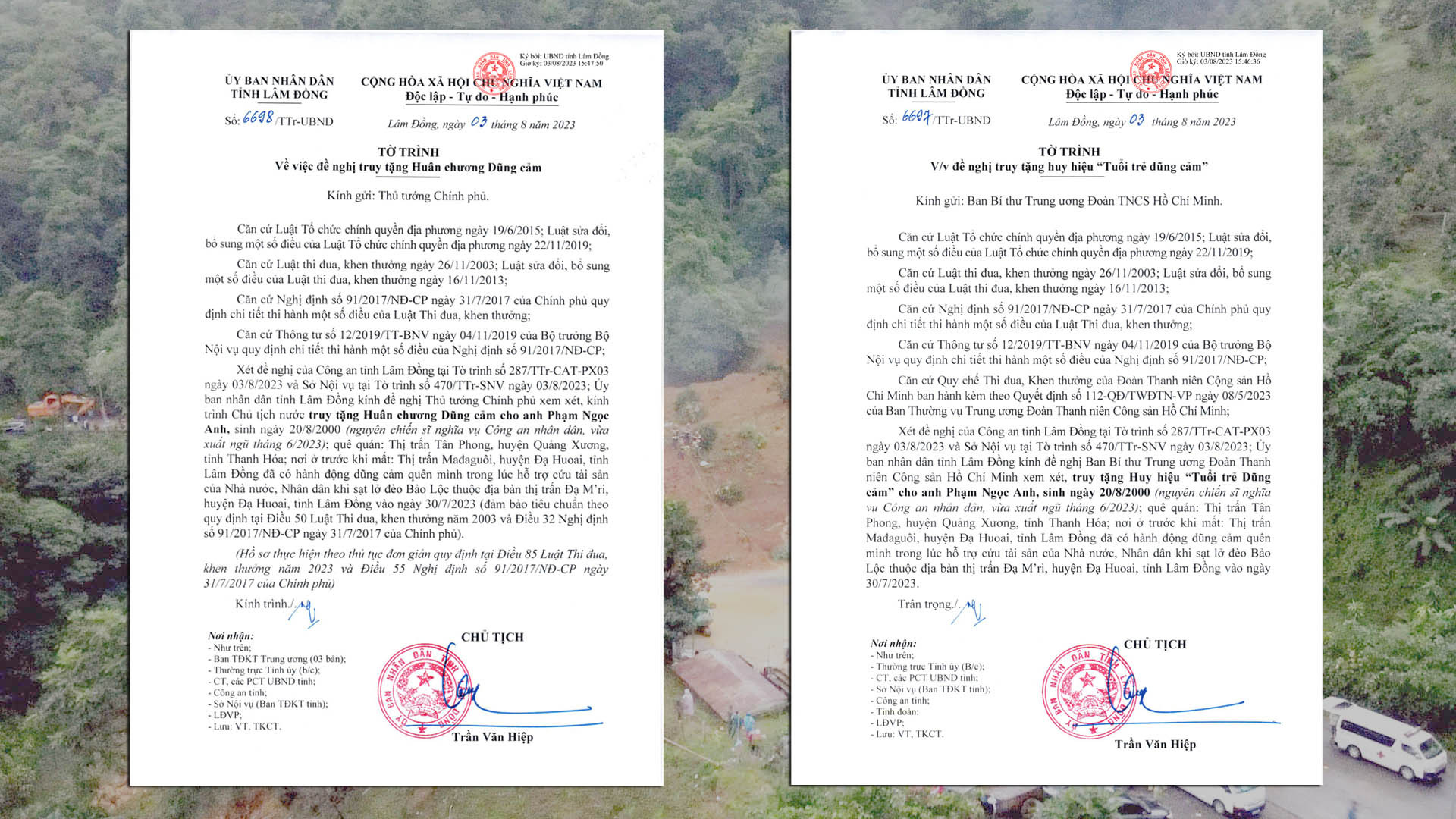 Hai tờ trình của UBND tỉnh Lâm Đồng đề nghị truy tặng Huân chương Dũng cảm và Huy hiệu Tuổi trẻ dũng cảm cho anh Phạm Ngọc Anh.