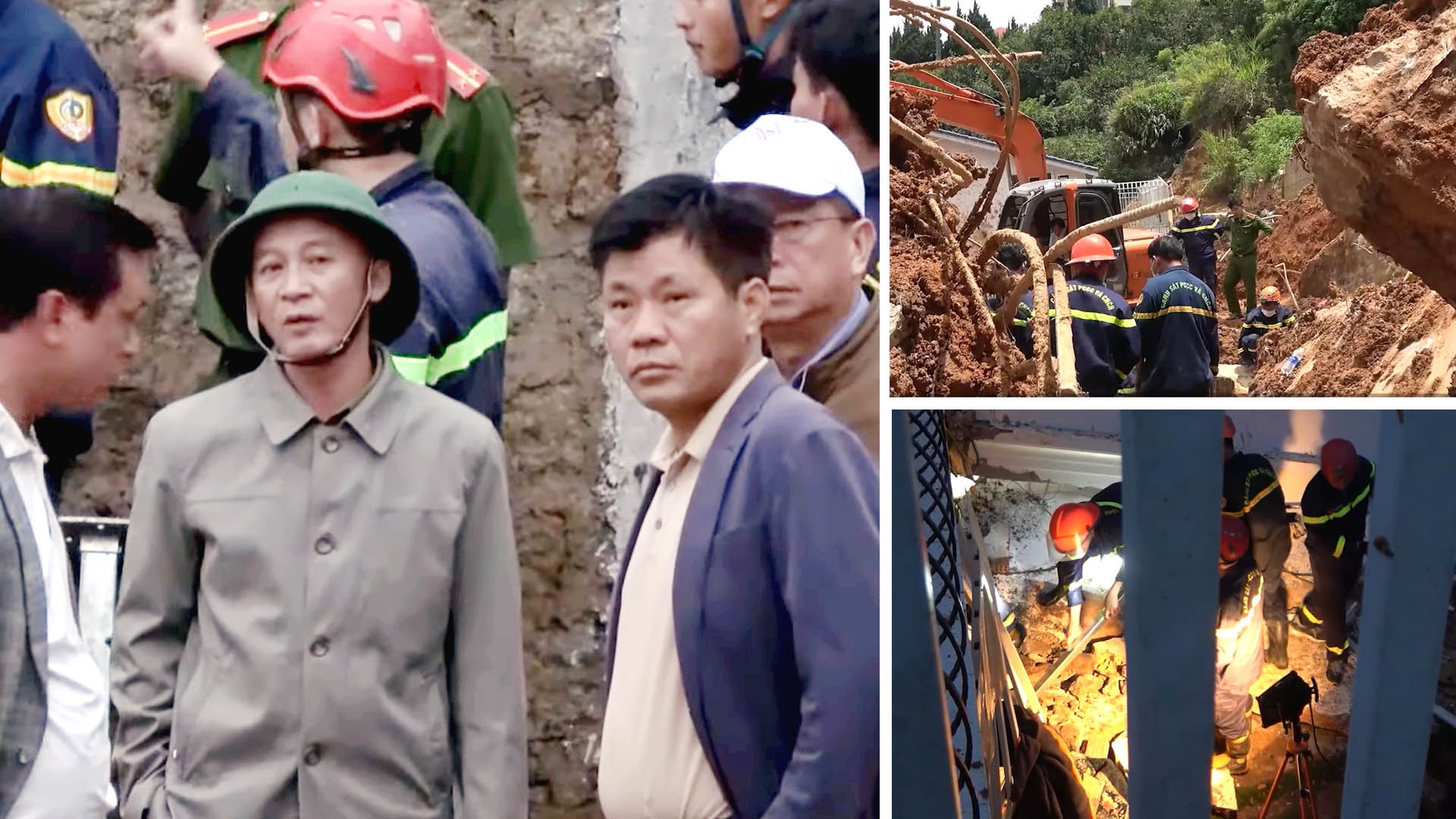 Chủ tịch Ủy ban nhân dân tỉnh Lâm Đồng (đội mũ xanh, hình bên trái) trao đổi với lãnh đạo thành phố Đà Lạt tại hiện trường vụ sạt lở vào sáng sớm 29/6.