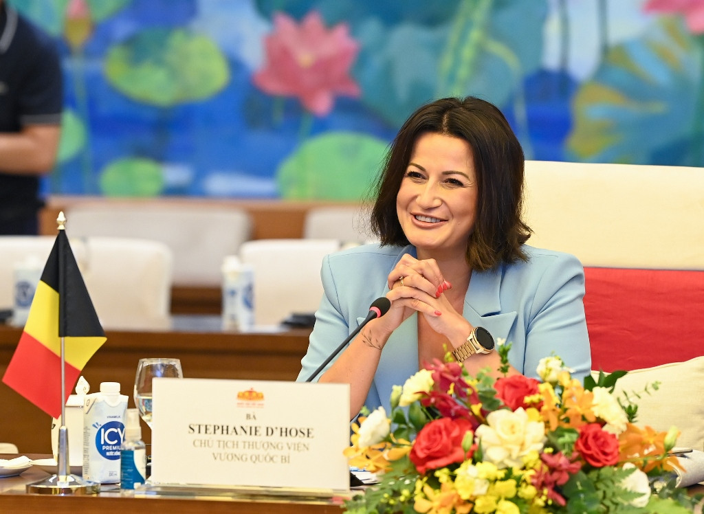 Chủ tịch Thượng viện Vương quốc Bỉ Stephanie D’Hose phát biểu tại buổi hội đàm.