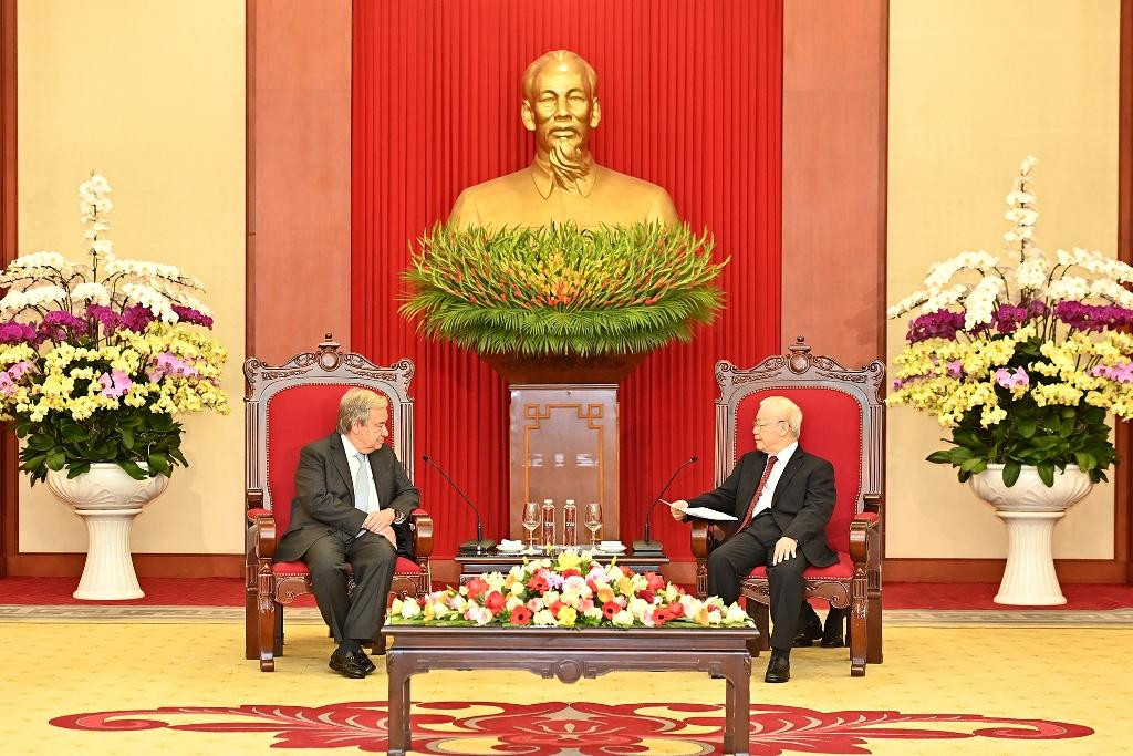 Tổng Bí thư Nguyễn Phú Trọng và Tổng Thư ký Liên hợp quốc Antonio Guterres tại buổi tiếp.