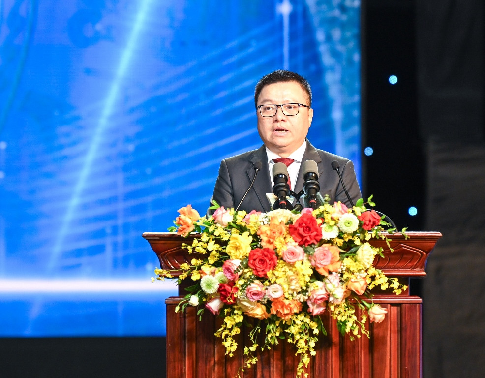 Tổng Biên tập Báo Nhân Dân, Phó Trưởng Ban Tuyên giáo Trung ương, Chủ tịch Hội Nhà báo Việt Nam Lê Quốc Minh phát biểu tại buổi lễ.