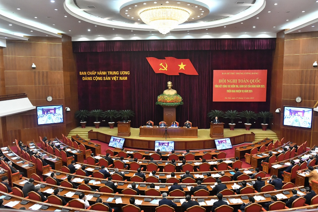 Quang cảnh Hội nghị toàn quốc tổng kết công tác kiểm tra, giám sát của Đảng năm 2023, triển khai nhiệm vụ năm 2024.
