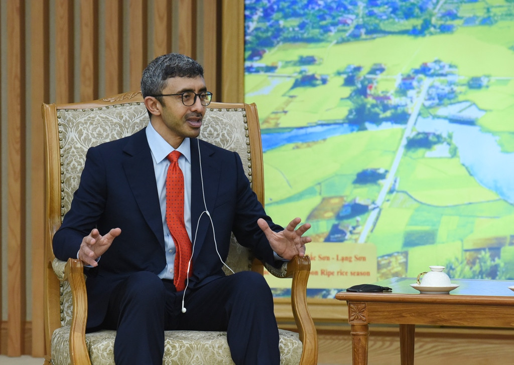 Bộ trưởng Ngoại giao Các Tiểu vương quốc Arab thống nhất (UAE) Sheikh Abdullah bin Zayed Al Nahyan phát biểu tại buổi tiếp.