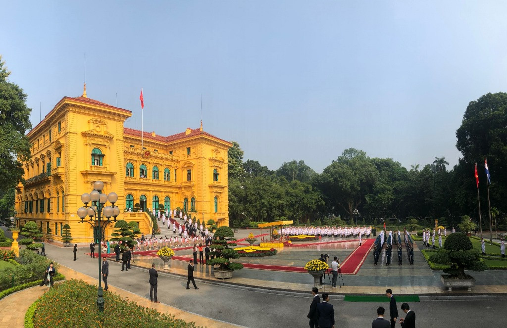 Quang cảnh Phủ Chủ tịch - nơi Thủ tướng Phạm Minh Chính chủ trì Lễ đón Thủ tướng Vương quốc Hà Lan Mark Rutte cùng Đoàn đại biểu Vương quốc Hà Lan.