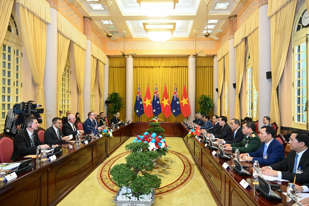 Quang cảnh buổi hội đàm giữa Chủ tịch nước Võ Văn Thưởng và Toàn quyền Australia David Hurley.