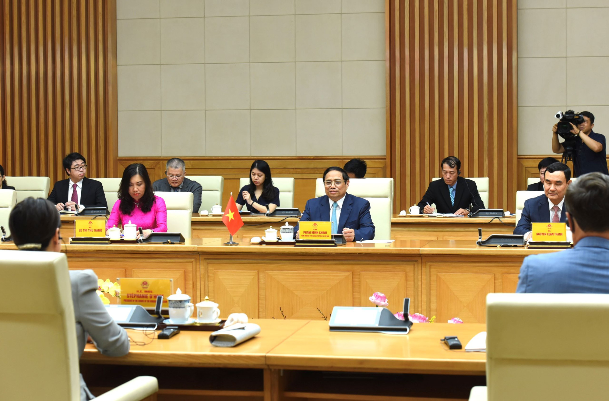 Thủ tướng Phạm Minh Chính phát biểu tại cuộc hội kiến với Chủ tịch Thượng viện Vương quốc Bỉ Stéphanie D'Hose.