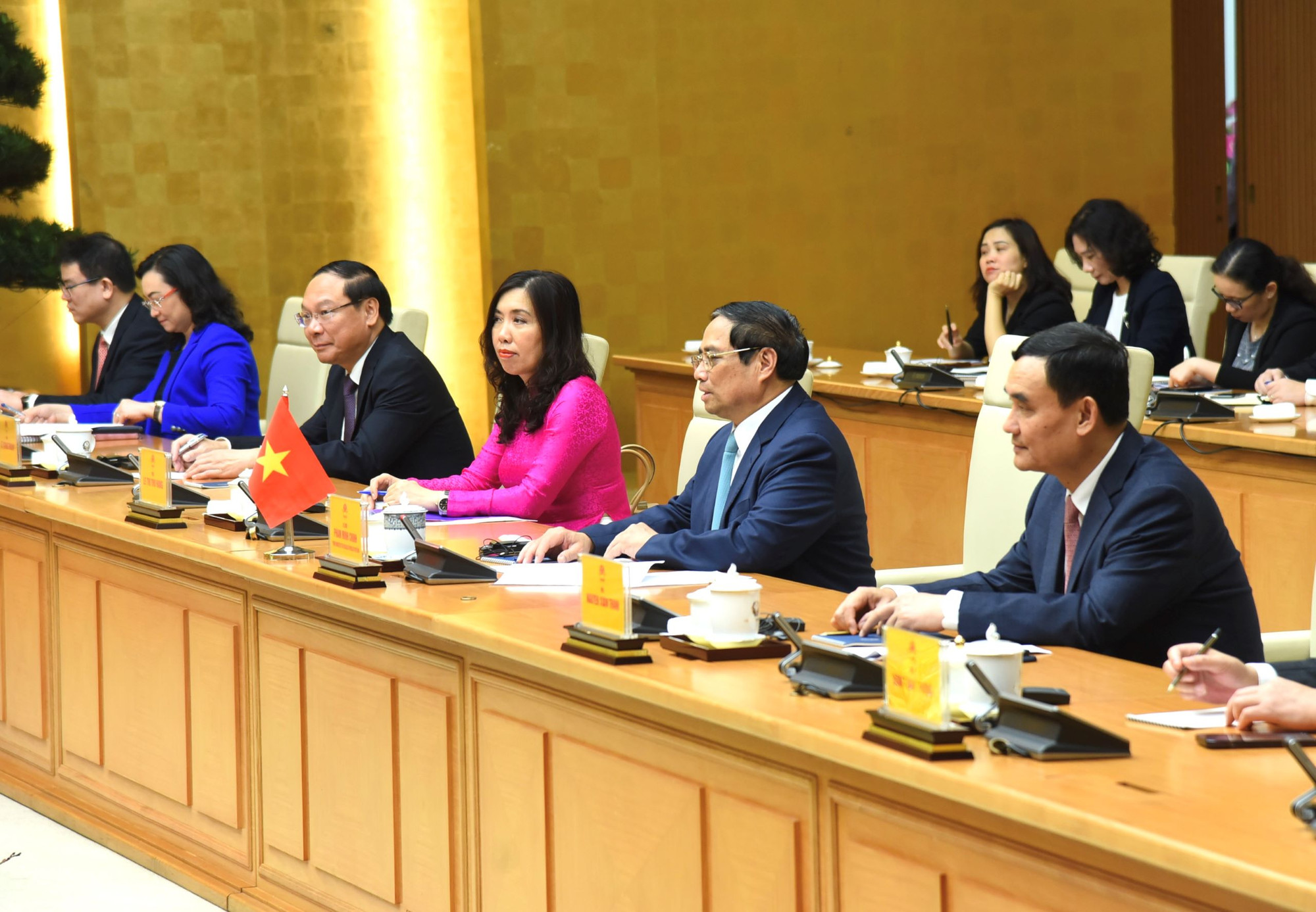 Thủ tướng Phạm Minh Chính và đại diện lãnh đạo các bộ, ban, ngành tại cuộc hội kiến với Chủ tịch Thượng viện Vương quốc Bỉ Stéphanie D'Hose.