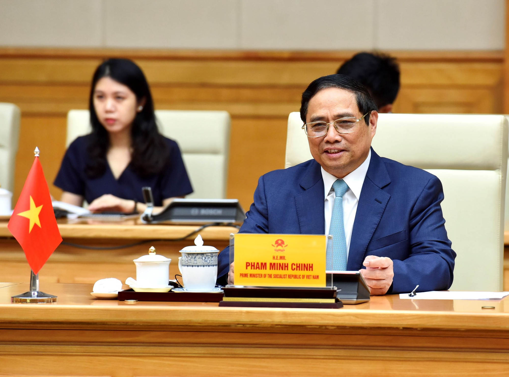 Thủ tướng Phạm Minh Chính phát biểu tại cuộc hội kiến với Chủ tịch Thượng viện Vương quốc Bỉ Stéphanie D'Hose.