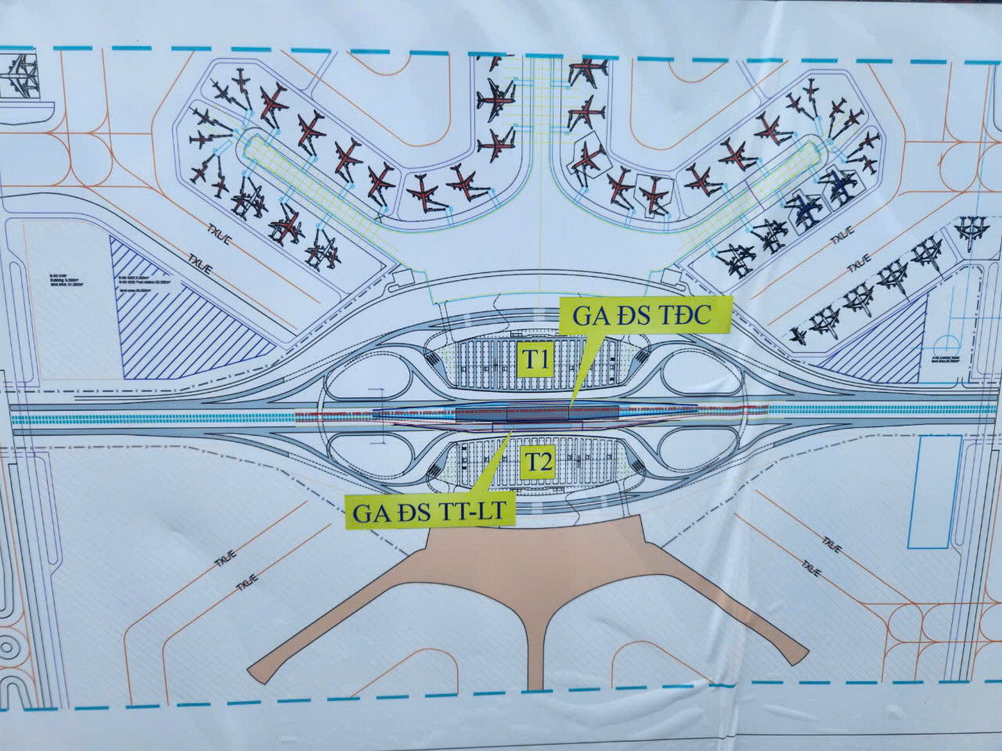 Vị trí ga đường sắt tốc độ cao nằm trước nhà ga T1 sân bay Long Thành.