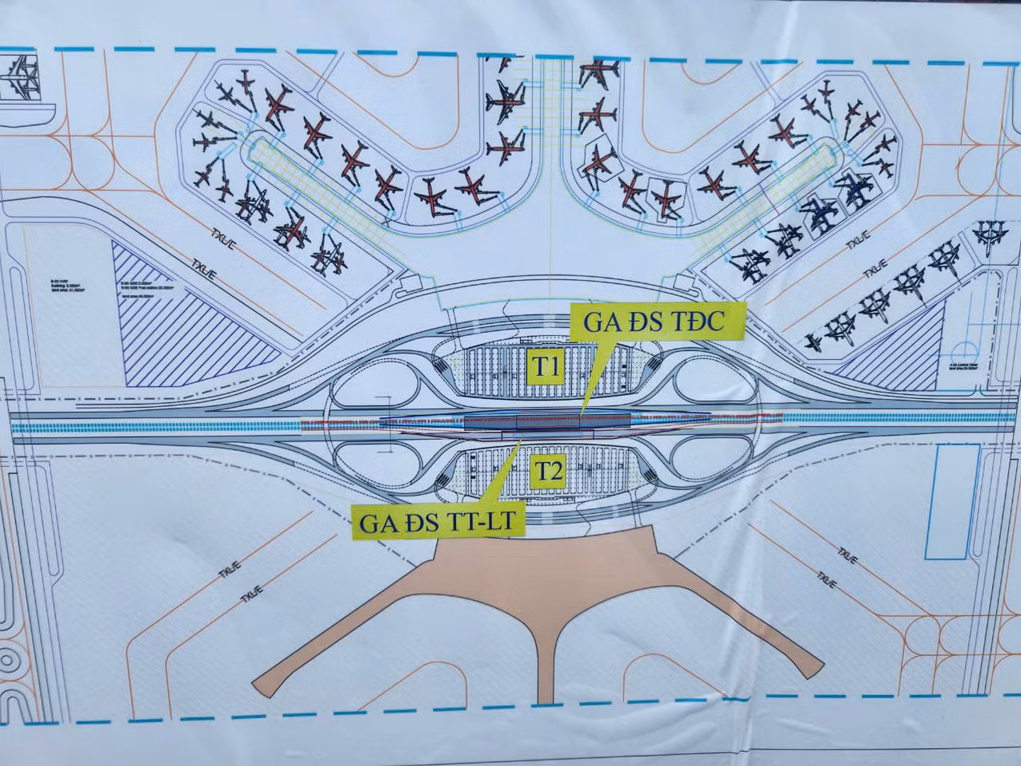 Vị trí ga đường sắt tốc độ cao nằm trước nhà ga T1 sân bay Long Thành.
