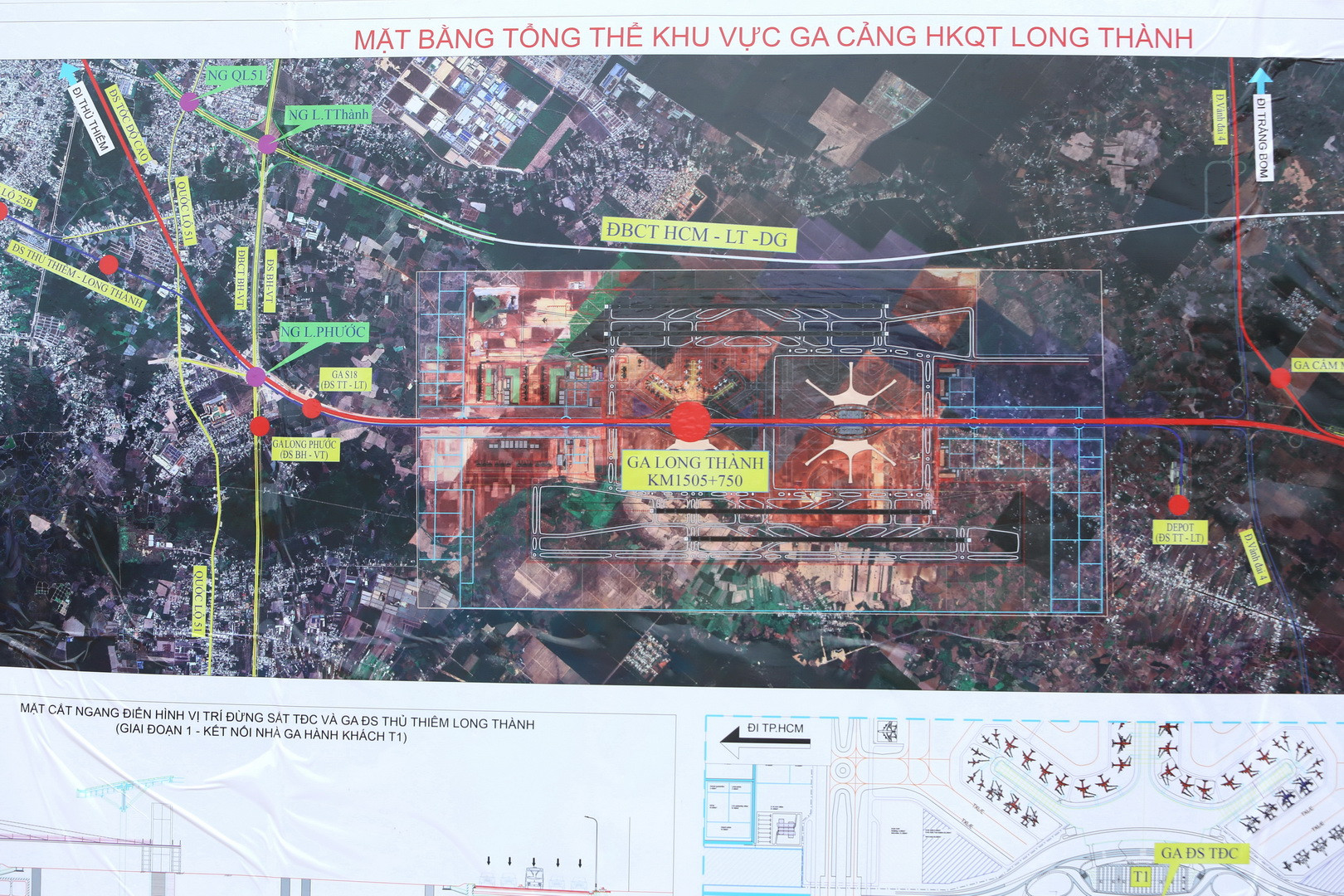Sơ đồ tổng thể hệ thống giao thông kết nối, trong đó có đường sắt tốc độ cao đi qua sân bay Long Thành.