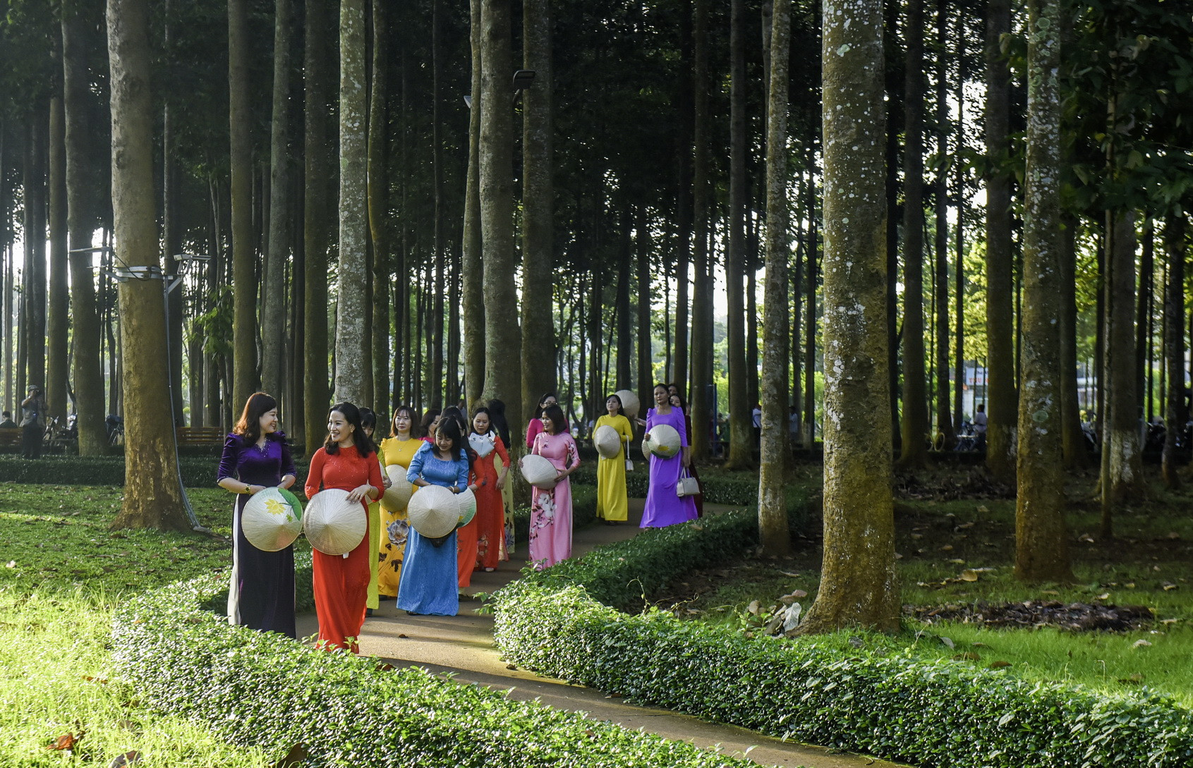 Phụ nữ Long Khánh trong tà áo dài dưới rừng cây xanh ở trung tâm thành phố.