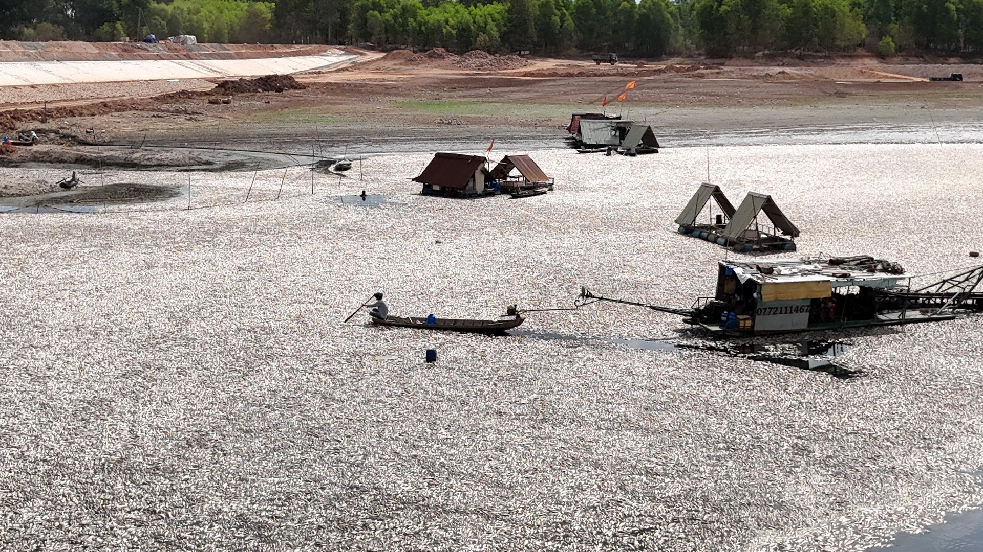 Cá chết nổi trắng hồ Sông Mây do nắng nóng, mực nước ở hồ cạn trơ đáy.