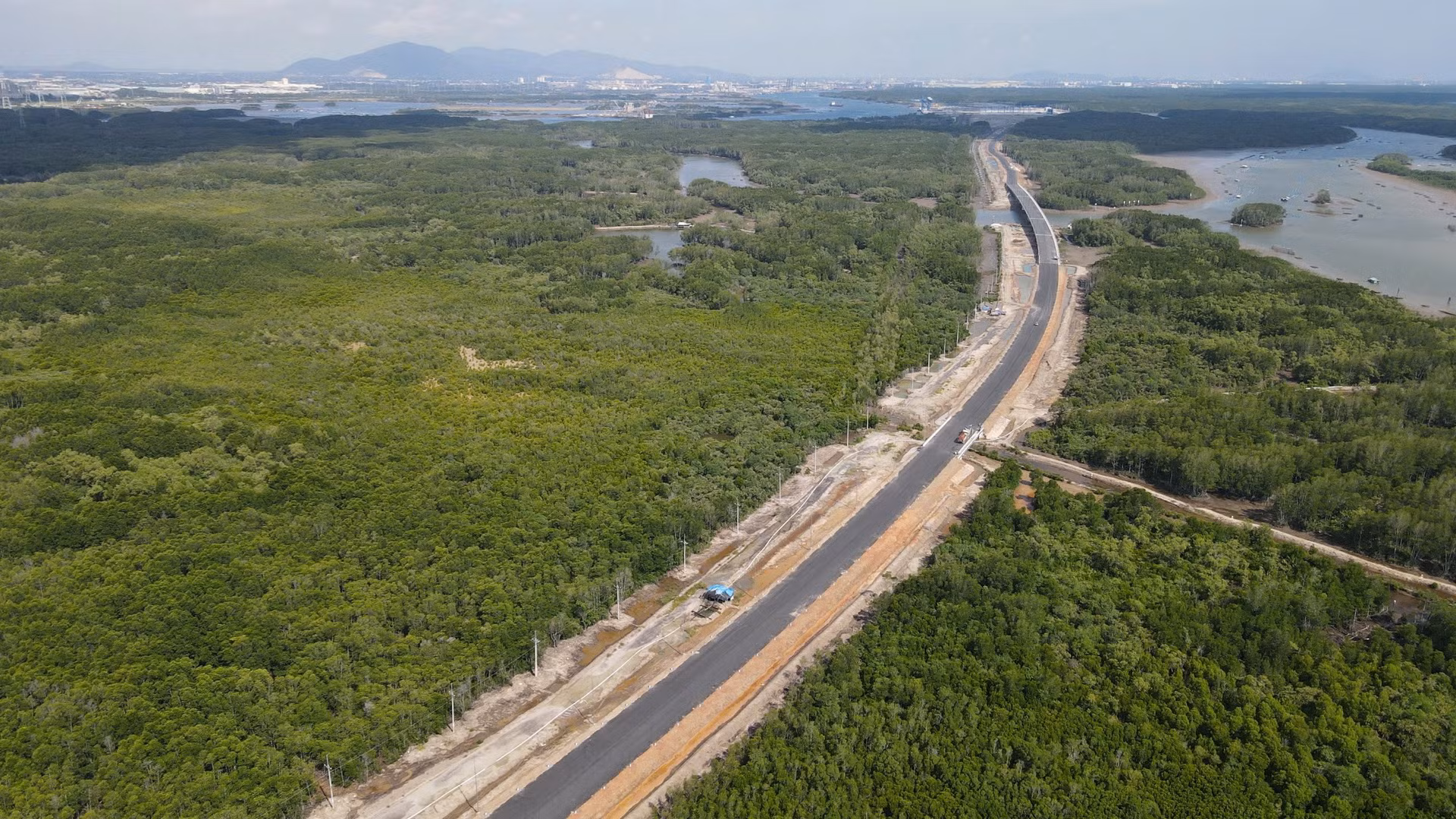 Tuyến đường kết nối cảng Phước An băng qua rừng ngập mặn xanh bát ngát.