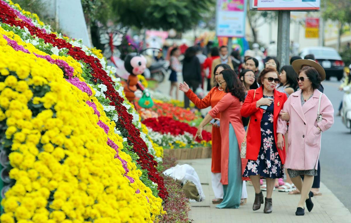 Các không gian hoa trên các tuyến phố chính và quanh hồ Xuân Hương trang trí, trưng bày hơn 500 nghìn chậu hoa, gần 100 chủng loại hoa. (Trong ảnh: Phố hoa mùa hội).