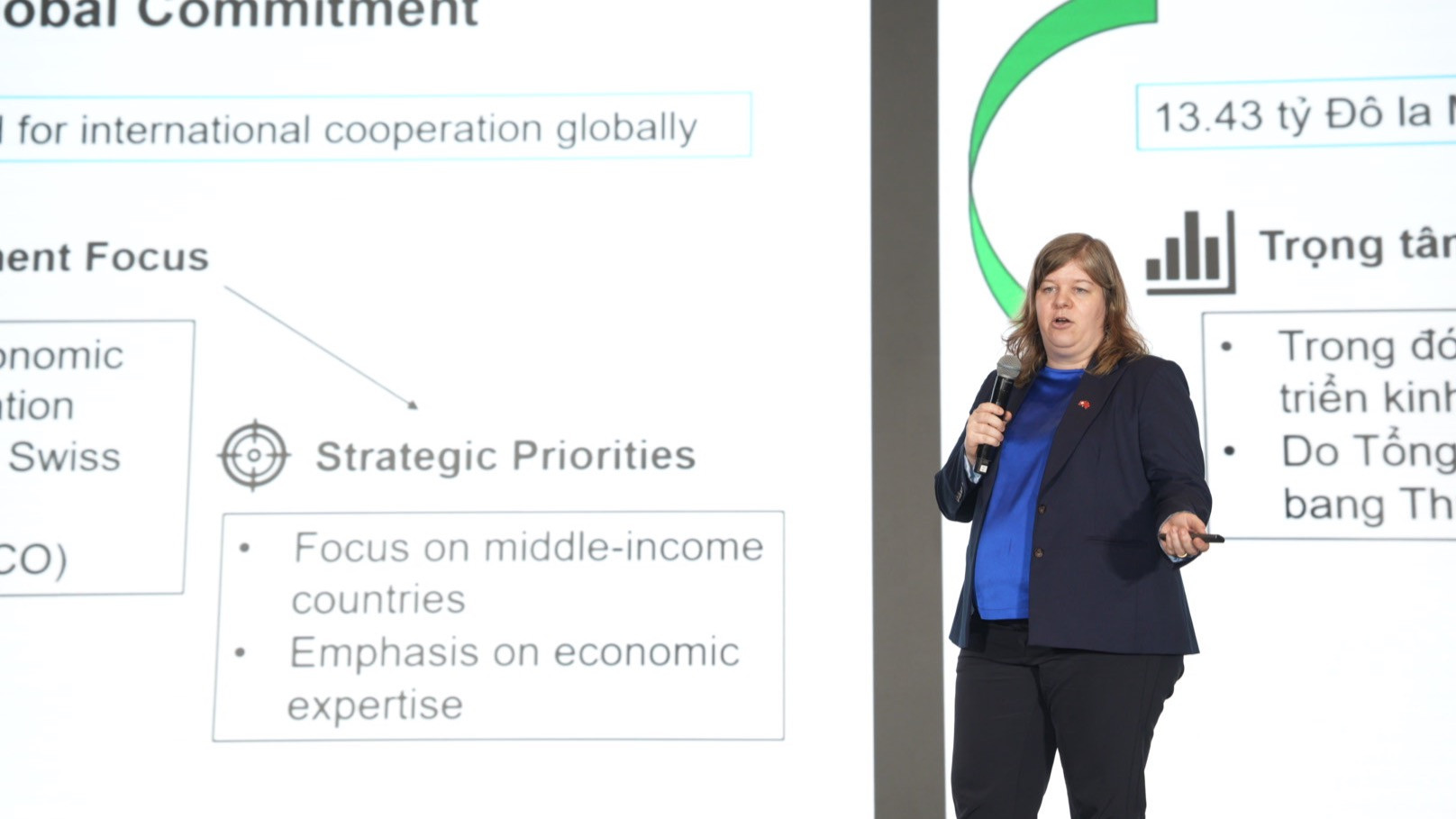 Bà Sibylle Bachmann, Trưởng phòng Hợp tác Đại sứ quán Thụy Sĩ, chia sẻ về chương trình. (Ảnh: HẢI YẾN)