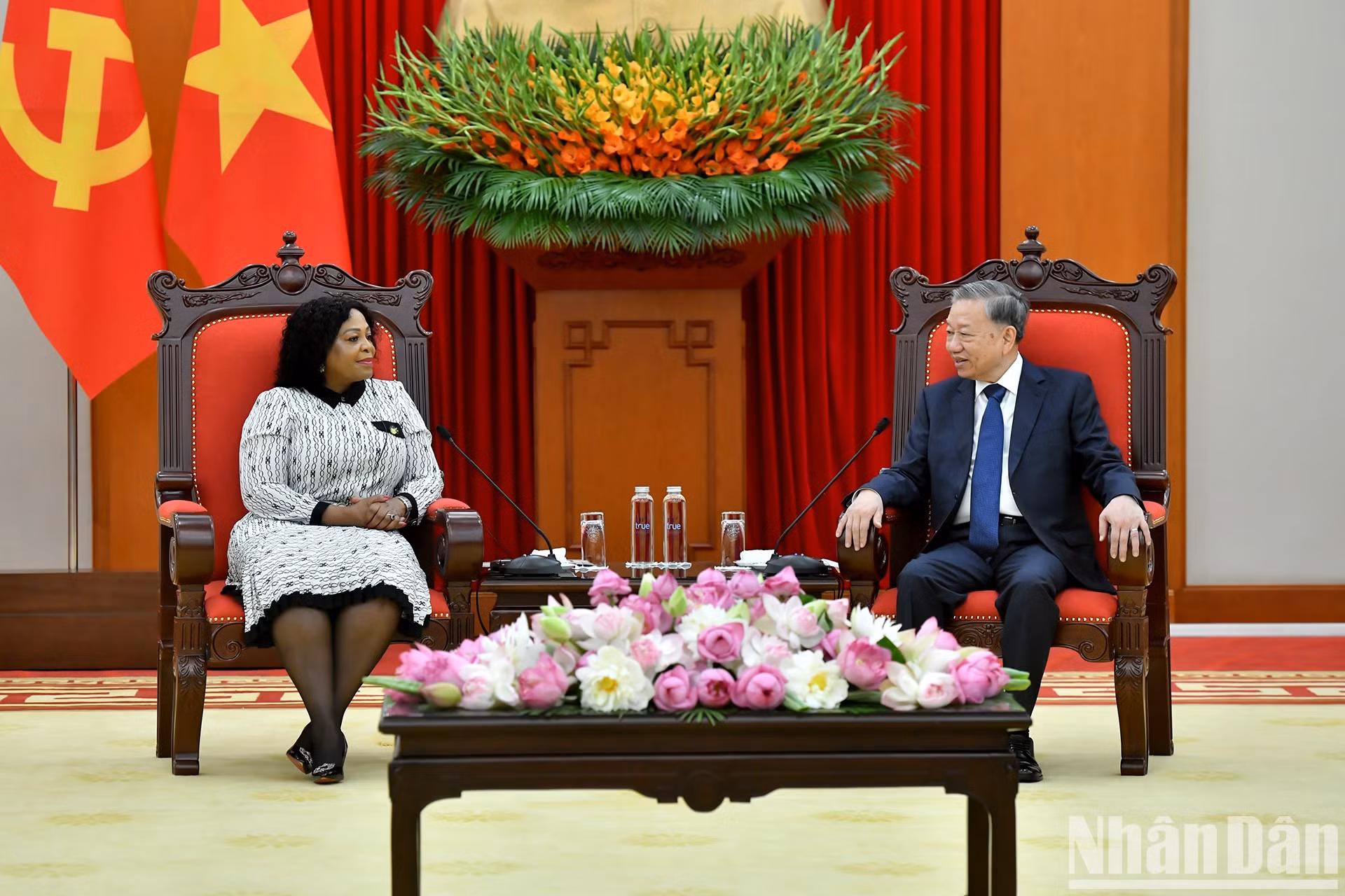 Tổng Bí thư Tô Lâm tiếp bà Nomvula Mokonyane, Phó Tổng thư ký thứ nhất Đảng Đại hội Dân tộc Phi (ANC) của Nam Phi. (Ảnh: ĐĂNG KHOA)