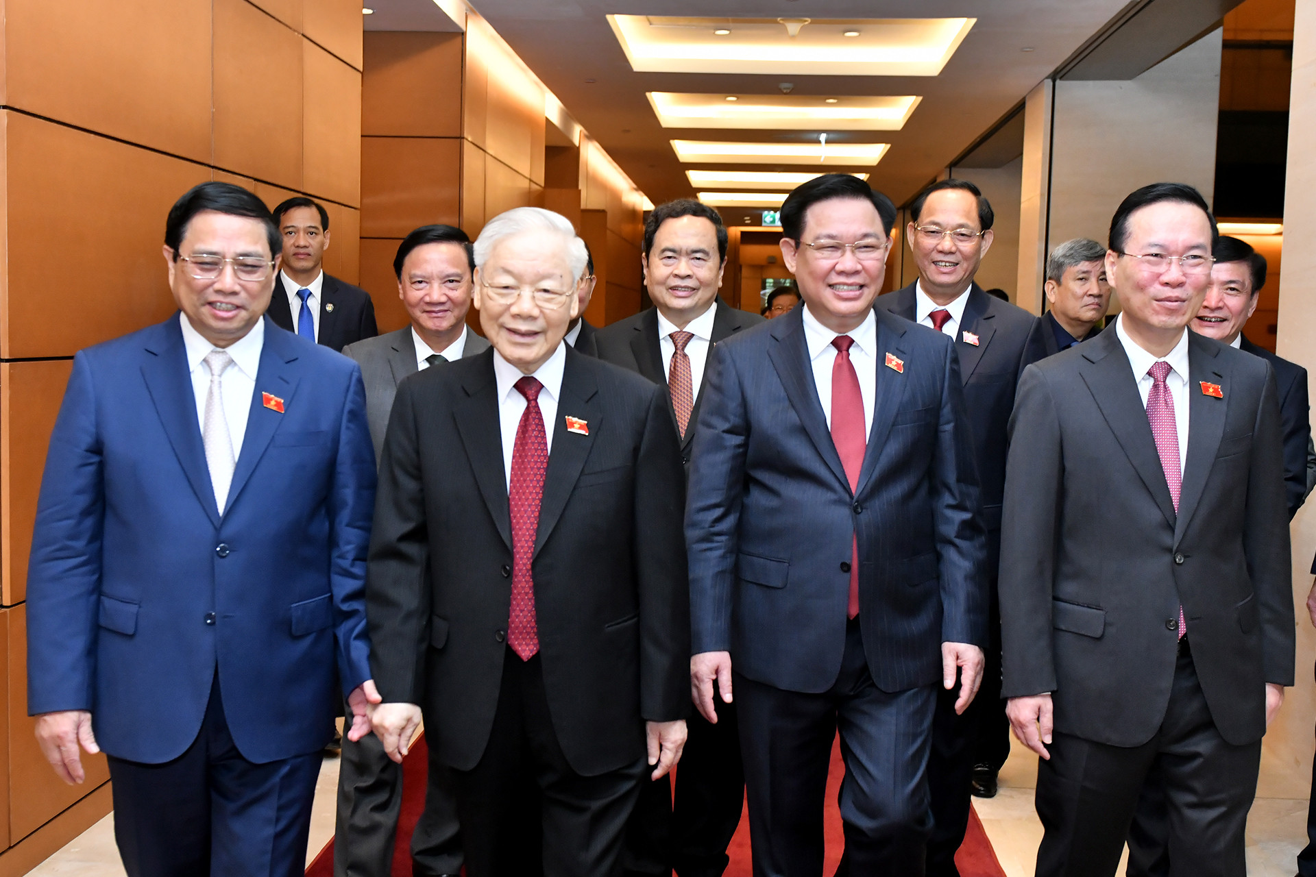 Tổng Bí thư Nguyễn Phú Trọng, Chủ tịch nước Võ Văn Thưởng, Thủ tướng Chính phủ Phạm Minh Chính, Chủ tịch Quốc hội Vương Đình Huệ và các đại biểu dự Lễ khai mạc Kỳ họp thứ 6, Quốc hội khóa XV.