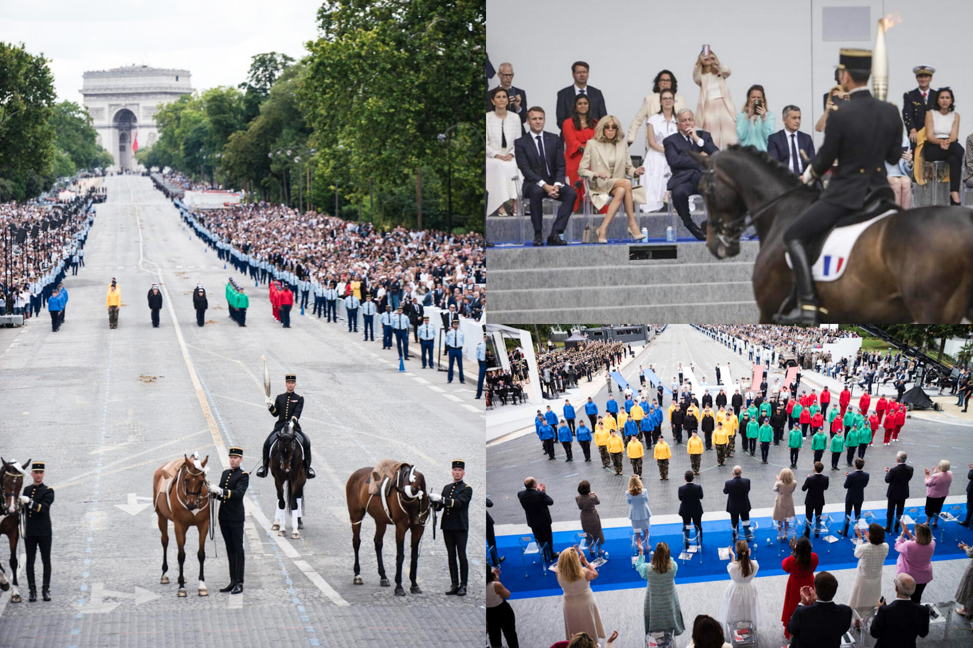 Chương trình diễu binh diễn ra sáng 14/7 nhân dịp Ngày Quốc khánh Pháp kết thúc bằng hình ảnh ngọn đuốc Olympic dần dần tiến về lễ đài. Trước lễ đài chính, 80 binh sĩ trẻ thuộc lực lượng Hiến binh và không quân mang quân phục gồm năm màu xanh lá, vàng, đỏ, xanh da trời và đen, xếp thành hình năm vòng tròn, biểu tượng của Olympic, chào đón sự xuất hiện của ngọn đuốc Olympic. (Ảnh: Le Monde)