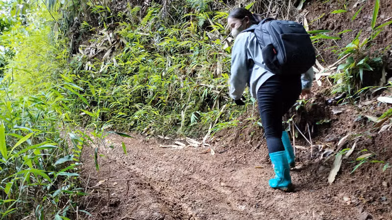 Một cô giáo của Trường mầm non Tủa Sín Chải đi bộ vào điểm trường. Một cô giáo của Trường mầm non Tủa Sín Chải đi bộ vào điểm trường.