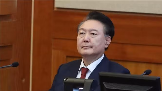 Tổng thống Hàn Quốc Yoon Suk Yeol tại Tòa án Hiến pháp ở Seoul ngày 20/2/2025. Ảnh: THX/TTXVN