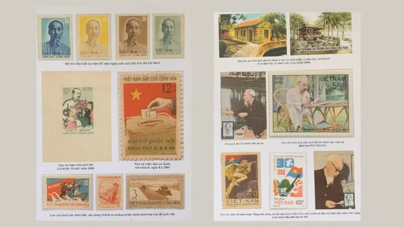 Hành trình cứu nước và sự nghiệp vĩ đại của Chủ tịch Hồ Chí Minh được thể hiện qua bộ sưu tập gần 400 mẫu tem, bưu ảnh phát hành từ năm 1911 đến nay. (Ảnh: SONG ANH)