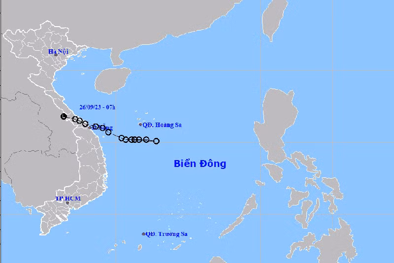 Áp thấp nhiệt đới suy yếu thành vùng áp thấp trên khu vực Nam Lào. (Nguồn: nchmf.gov.vn)