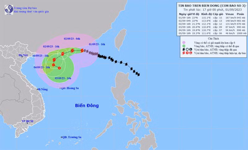 Vị trí và hướng di chuyển của bão số 3. (Nguồn: nchmf.gov.vn)