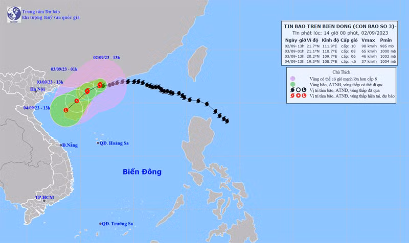 Vị trí và hướng di chuyển của bão số 3. (Nguồn: nchmf.gov.vn)