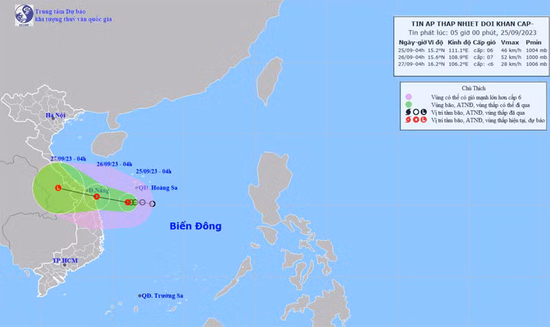 Vị trí và hướng di chuyển của áp thấp nhiệt đới. (Nguồn: nchmf.gov.vn)