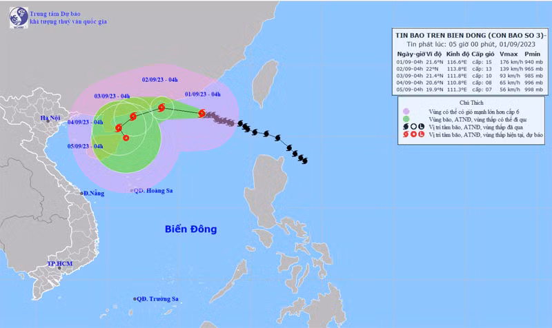 Vị trí và hướng di chuyển của bão số 3. (Nguồn: nchmf.gov.vn)
