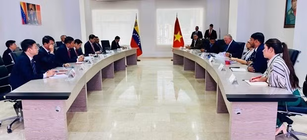 Đồng chí Phan Đình Trạc hội đàm với ông Diosdado Cabello, Ủy viên Bộ Chính trị, Phó Chủ tịch thứ nhất Đảng PSUV. (Ảnh: TTXVN)