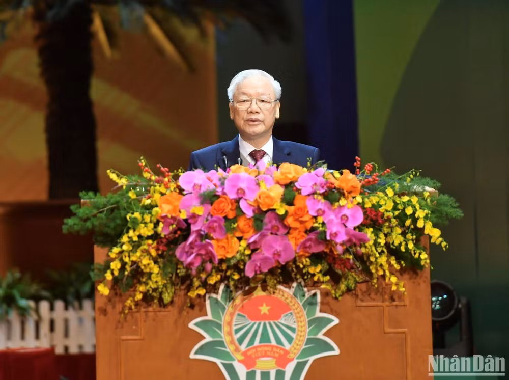 Tổng Bí thư Nguyễn Phú Trọng phát biểu tại Đại hội đại biểu toàn quốc Hội Nông dân Việt Nam lần thứ VIII. (Ảnh: ĐĂNG KHOA)