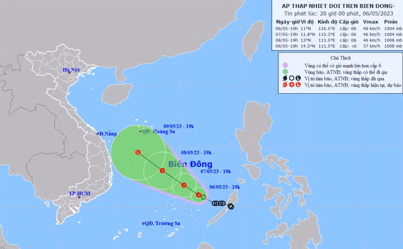Vị trí và hướng di chuyển của áp thấp nhiệt đới. (Nguồn: nchmf.gov.vn)