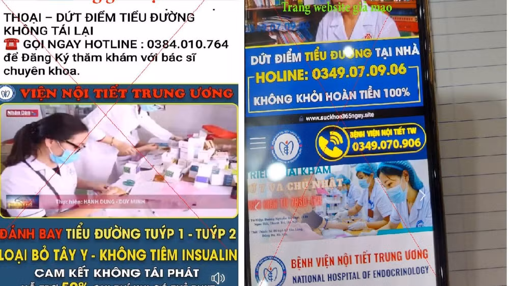 Các website giả mạo Bệnh viện Nội tiết Trung ương cam kết chữa được bệnh tiểu đường. 