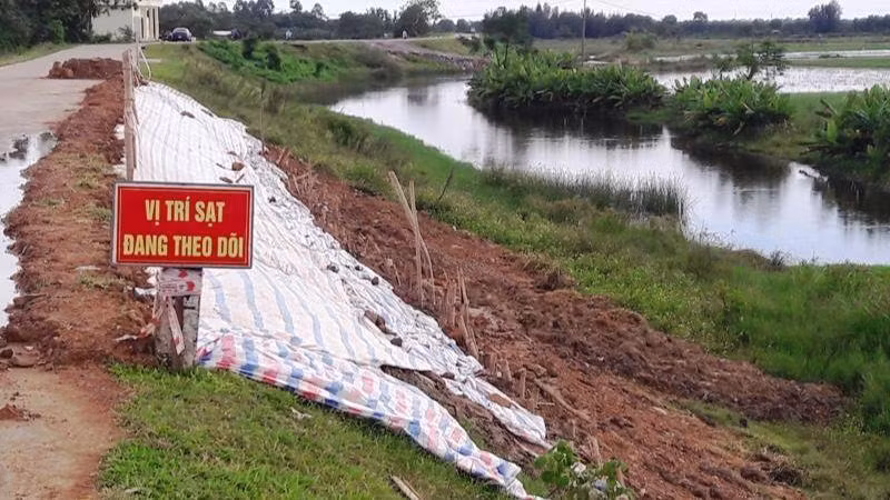 Lực lượng chức năng đã cắm biển báo theo dõi vị trí đê sụt, lún.
