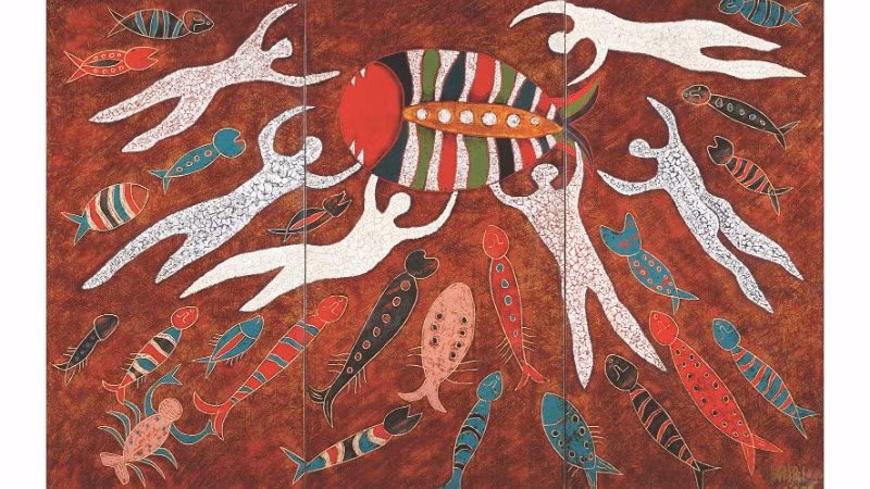 Tác phẩm "Mẹ cá" (Sơn mài trên vóc) của họa sĩ Đào Minh Tri.