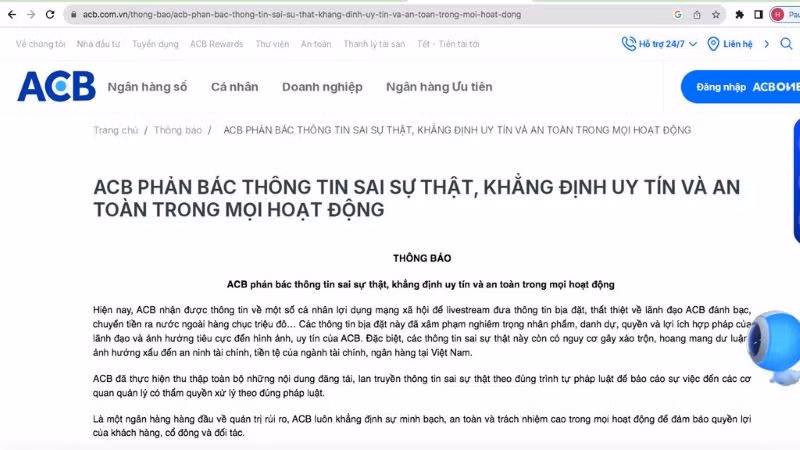 Ảnh chụp thông báo trên trang web của ACB.