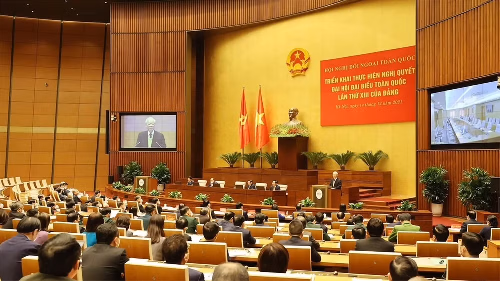 Tổng Bí thư Nguyễn Phú Trọng phát biểu chỉ đạo tại Hội nghị Đối ngoại toàn quốc, ngày 14/12/2021. (Ảnh: TTXVN)