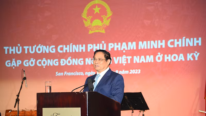 Thủ tướng Phạm Minh Chính phát biểu ý kiến tại buổi gặp mặt bà con cộng đồng người Việt Nam ở Hoa Kỳ.